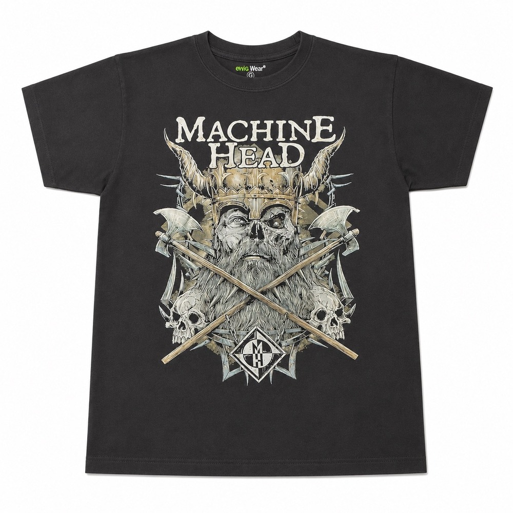 Machine Head Band T-Shirt Evig Wear Viking Skull Graphic Tee Black Mens Med/Lg